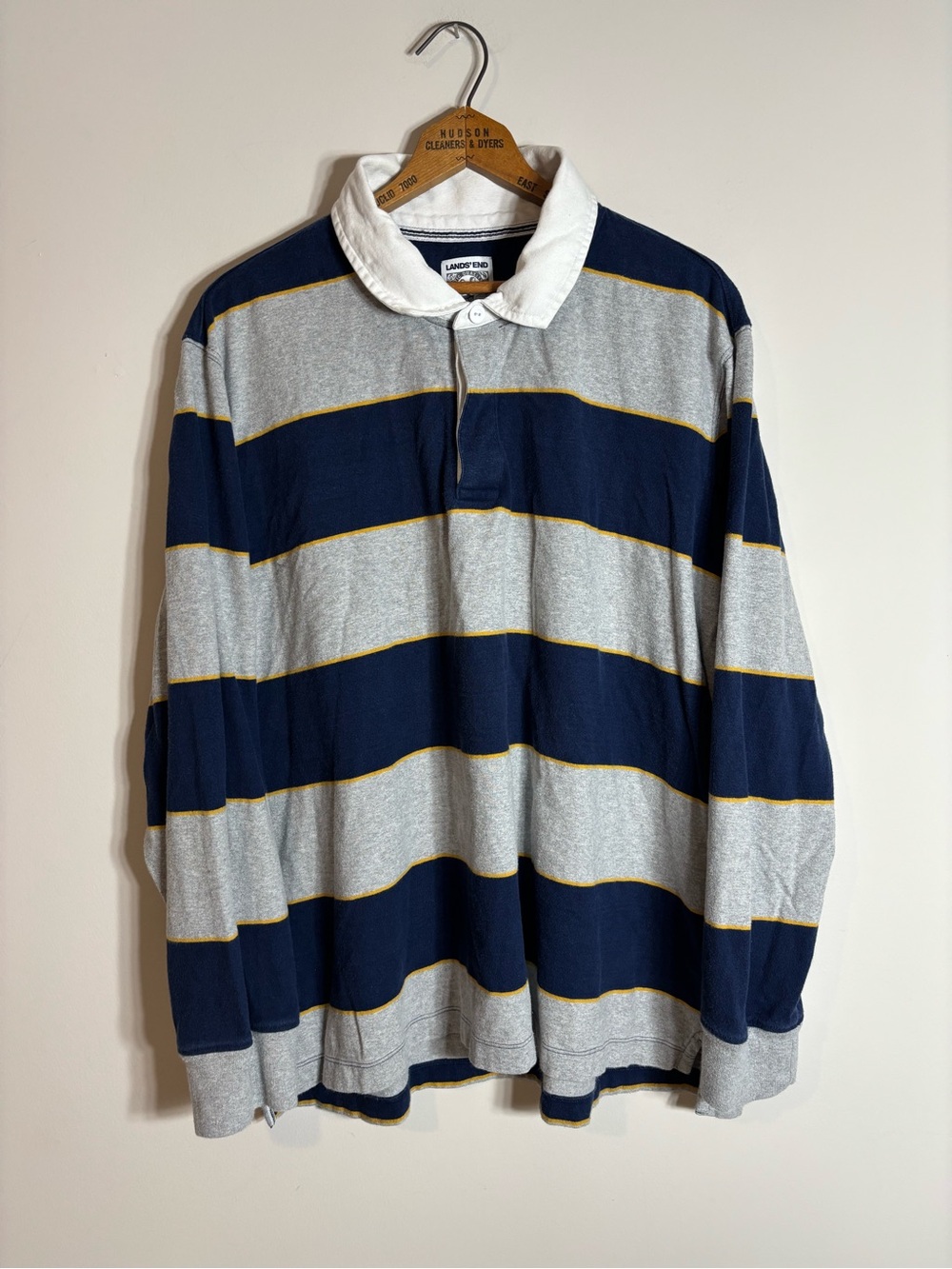 Vtg Lands' End Navy Blue Striped Rugby Long Sleeve Polo Shirt XXL